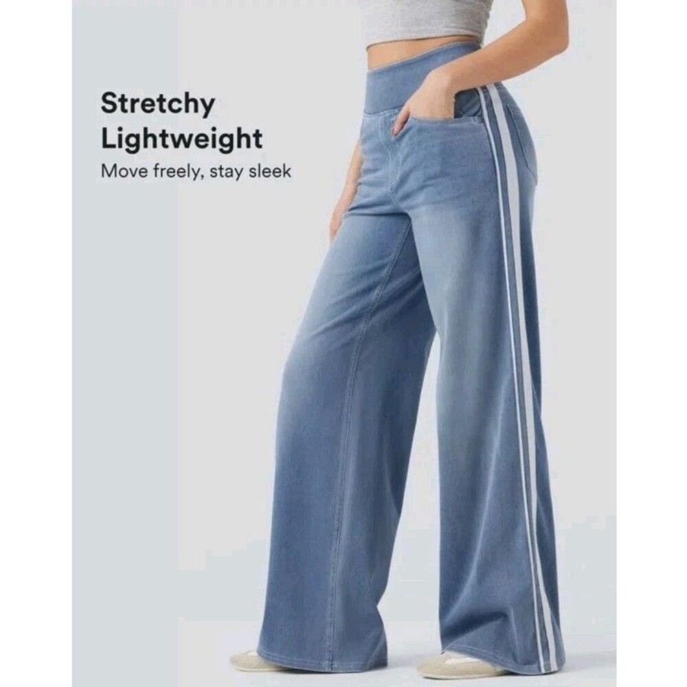NWOT Halara Flex Women High Waisted Stripe Wide Leg Flowy Jeans XL Pockets